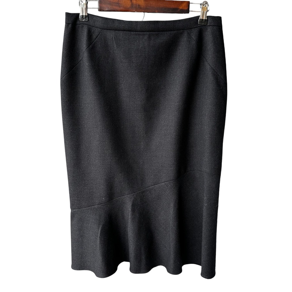 Elie Tahari Skirt Black Wool Blend Asymmetric Flounce Hem Pencil Midi Office 8